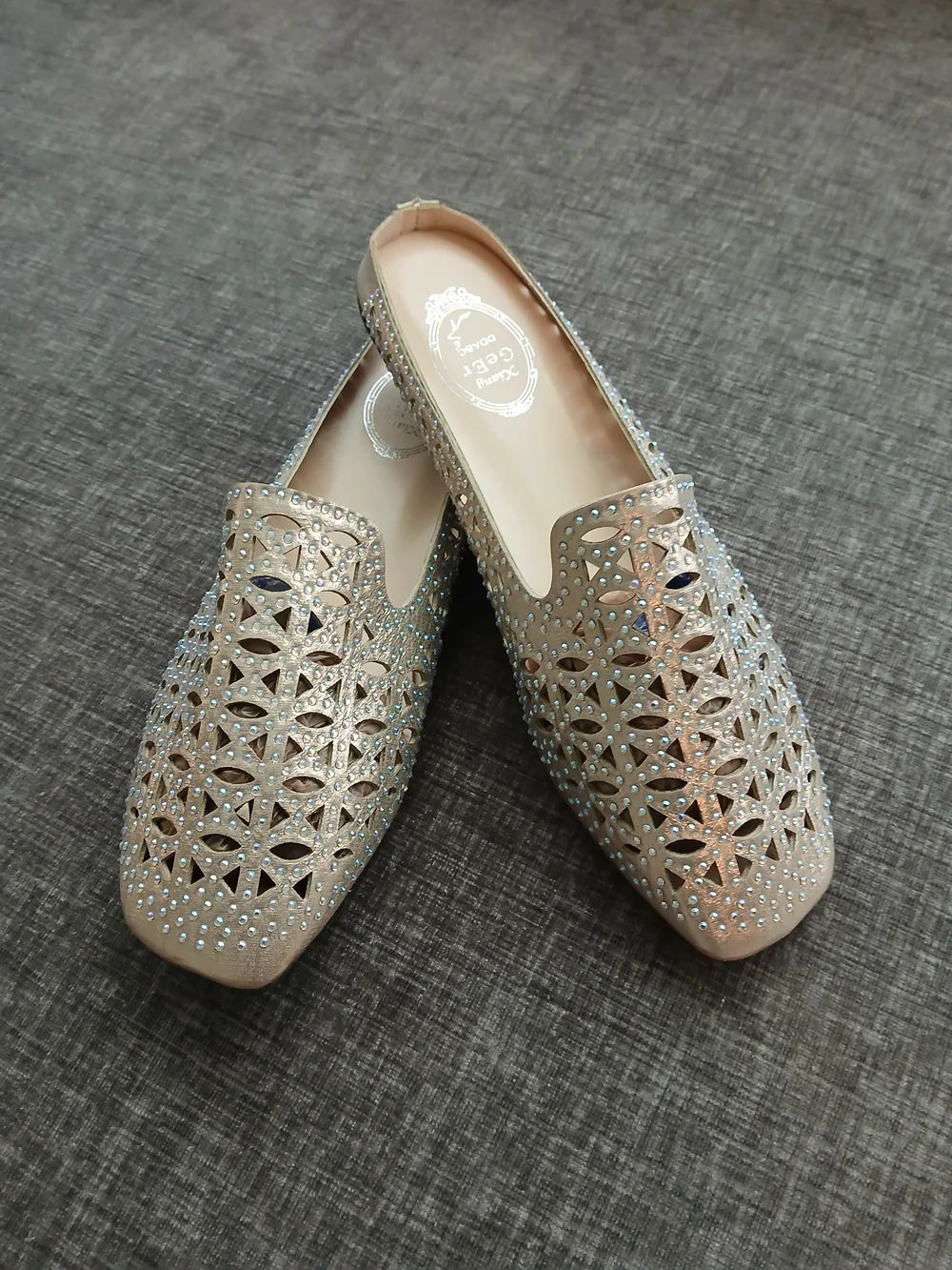 Laser-Cut Embellished Slip-On Flats in Champagne